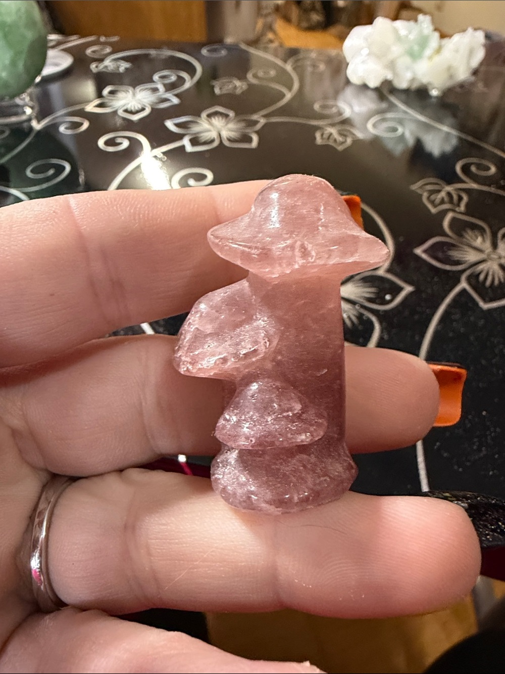 Hand-Carved strawberry quartz Crystal Mushroom - Unbranded